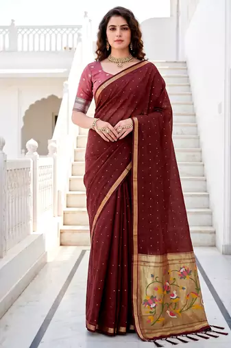 Sangam prints maroon cotton blend woven work traditional saree