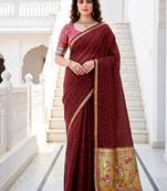 Sangam prints maroon cotton blend woven work traditional saree