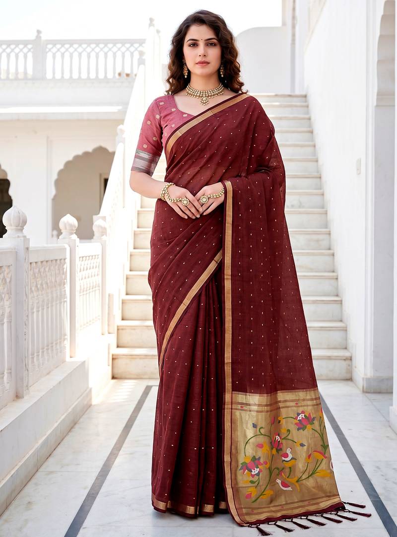 Sangam prints maroon cotton blend woven work traditional saree