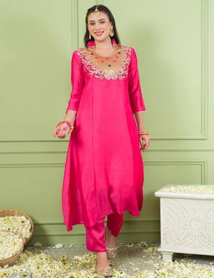 Women's Beautiful Embroidery Work Viscose Silk Fabric Flared Kurta Pant and Dupatta Set 5