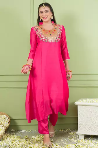 Women's Beautiful Embroidery Work Viscose Silk Fabric Flared Kurta Pant and Dupatta Set