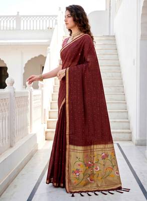 Sangam prints maroon cotton blend woven work traditional saree 2