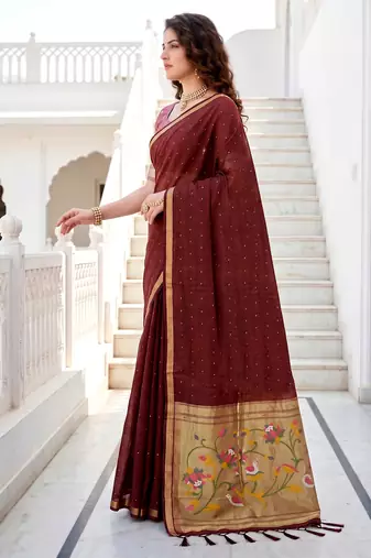 Sangam prints maroon cotton blend woven work traditional saree
