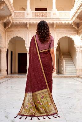 Sangam prints maroon cotton blend woven work traditional saree 3