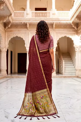 Sangam prints maroon cotton blend woven work traditional saree