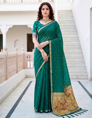 Sangam prints emerald green cotton blend woven work traditional saree 1