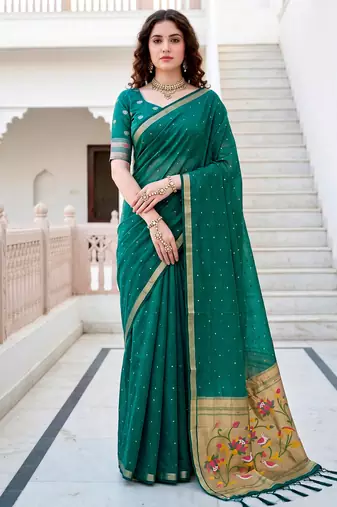 Sangam prints emerald green cotton blend woven work traditional saree