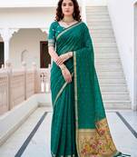 Sangam prints emerald green cotton blend woven work traditional saree