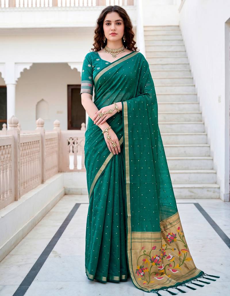 Sangam prints emerald green cotton blend woven work traditional saree