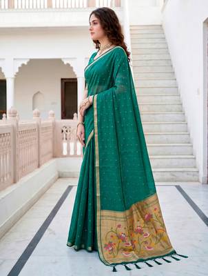 Sangam prints emerald green cotton blend woven work traditional saree 2