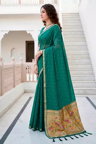 Sangam prints emerald green cotton blend woven work traditional saree