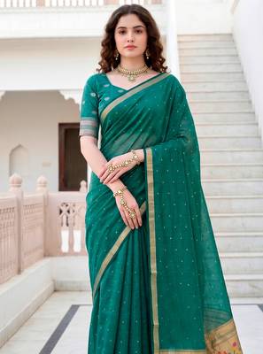 Sangam prints emerald green cotton blend woven work traditional saree 3