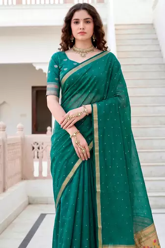 Sangam prints emerald green cotton blend woven work traditional saree