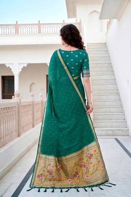Sangam prints emerald green cotton blend woven work traditional saree 4