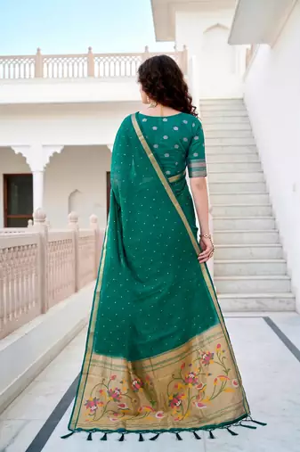 Sangam prints emerald green cotton blend woven work traditional saree
