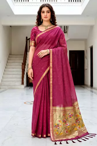 Sangam prints pink cotton blend woven work traditional saree
