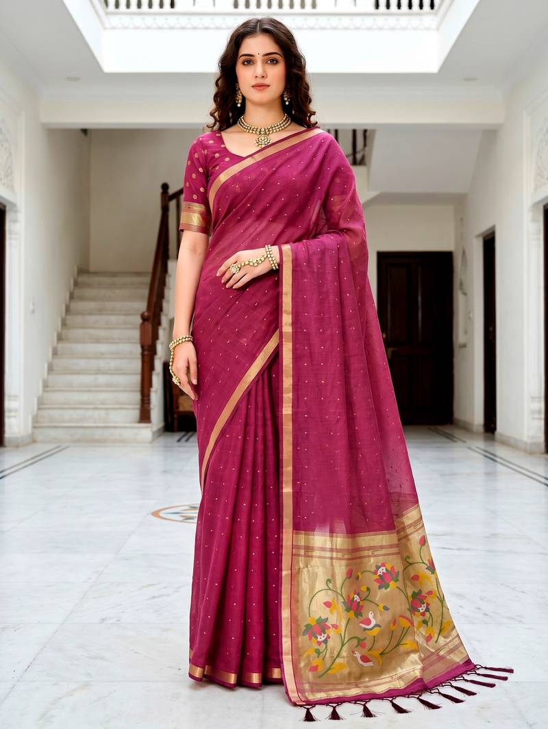 Sangam prints pink cotton blend woven work traditional saree