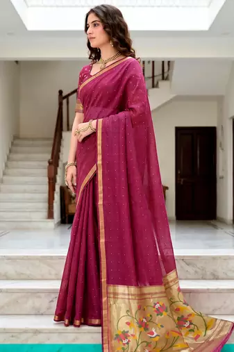Sangam prints pink cotton blend woven work traditional saree