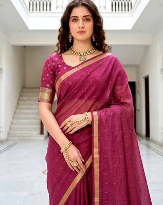 Sangam prints pink cotton blend woven work traditional saree 3