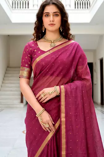 Sangam prints pink cotton blend woven work traditional saree