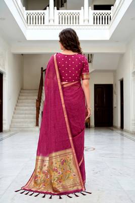 Sangam prints pink cotton blend woven work traditional saree 4