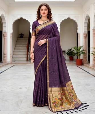 Sangam prints violet cotton blend woven work traditional saree 1