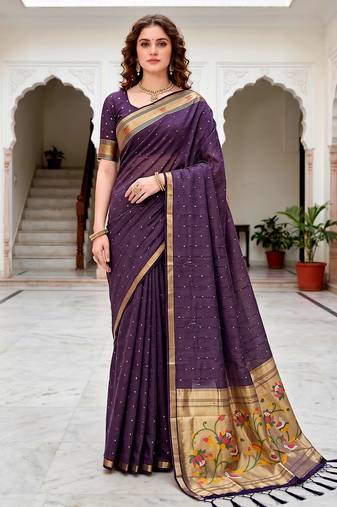 Sangam prints violet cotton blend woven work traditional saree