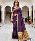 Sangam prints violet cotton blend woven work traditional saree