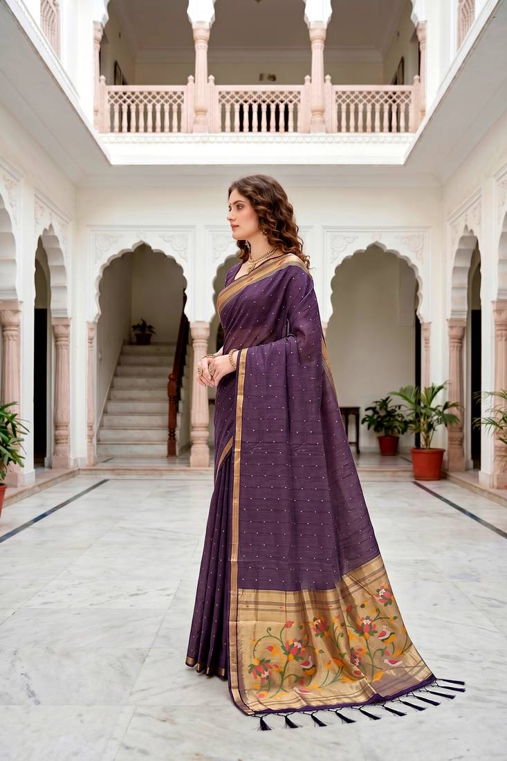 Sangam prints violet cotton blend woven work traditional saree