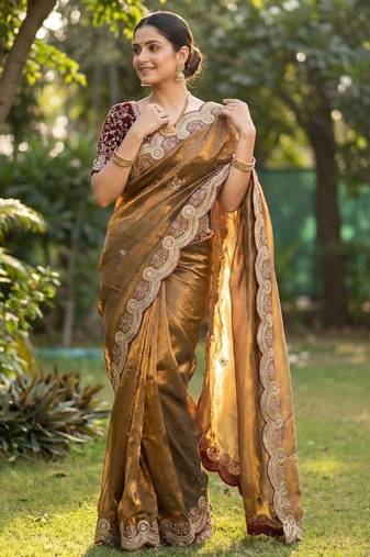 Olive Color embroidery And sequence work Satin Saree