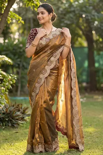 Olive Color embroidery And sequence work Satin Saree