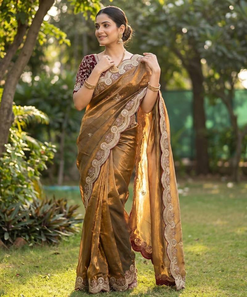 Olive Color embroidery And sequence work Satin Saree