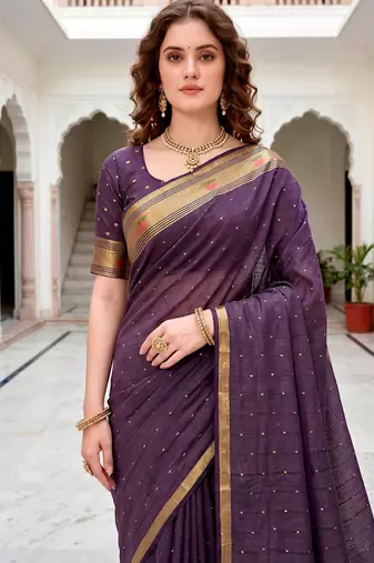 Sangam prints violet cotton blend woven work traditional saree