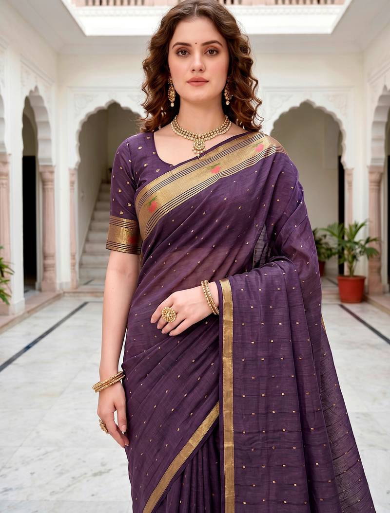 Sangam prints violet cotton blend woven work traditional saree