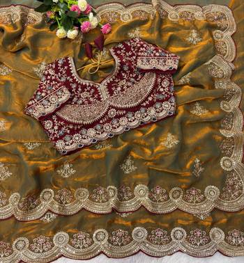 Olive Color embroidery And sequence work Satin Saree 2