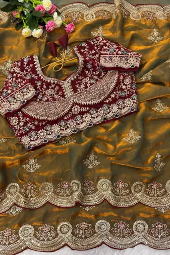 Olive Color embroidery And sequence work Satin Saree