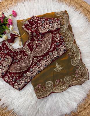 Olive Color embroidery And sequence work Satin Saree 3