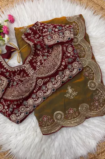 Olive Color embroidery And sequence work Satin Saree