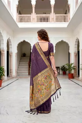 Sangam prints violet cotton blend woven work traditional saree
