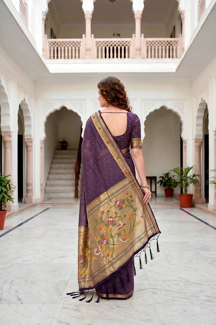 Sangam prints violet cotton blend woven work traditional saree