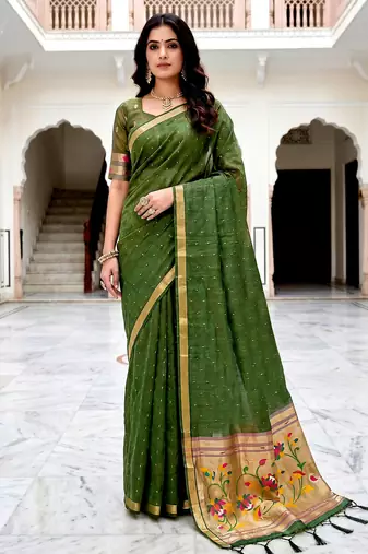 Sangam prints mehndi green cotton blend woven work traditional saree