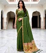 Sangam prints mehndi green cotton blend woven work traditional saree