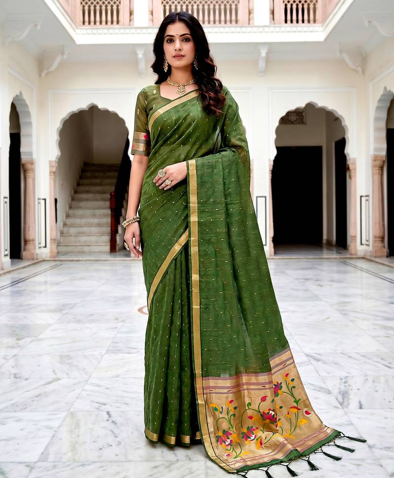 Sangam prints mehndi green cotton blend woven work traditional saree