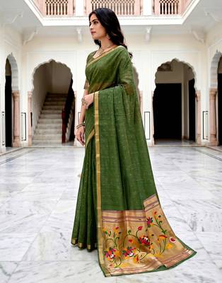 Sangam prints mehndi green cotton blend woven work traditional saree 2