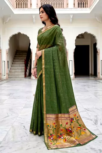 Sangam prints mehndi green cotton blend woven work traditional saree