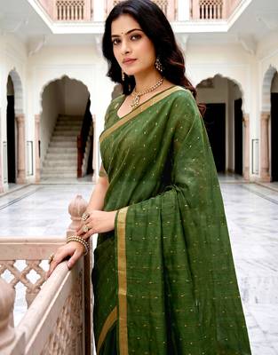 Sangam prints mehndi green cotton blend woven work traditional saree 3