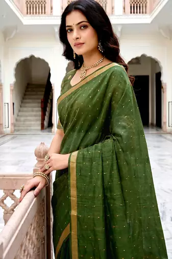 Sangam prints mehndi green cotton blend woven work traditional saree