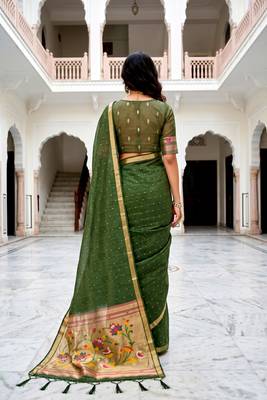 Sangam prints mehndi green cotton blend woven work traditional saree 4