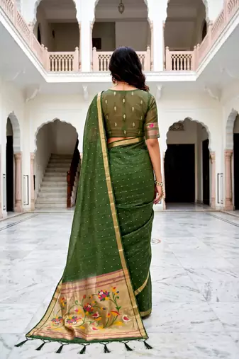 Sangam prints mehndi green cotton blend woven work traditional saree