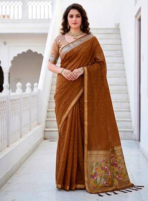 Sangam prints mustard brown cotton blend woven work traditional saree 1